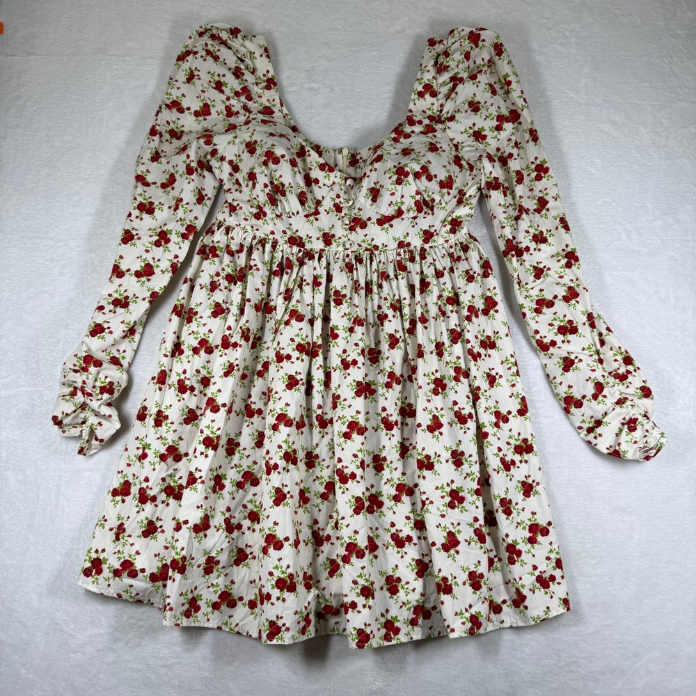 ASOS Design Floral Puff Sleeve Babydoll Mini Dress White Red Rose‎ US 8 NEW